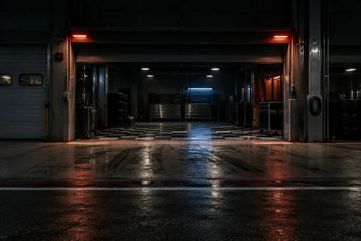 RACING SERIES garage scene with a checkered floor and nighttime lighting