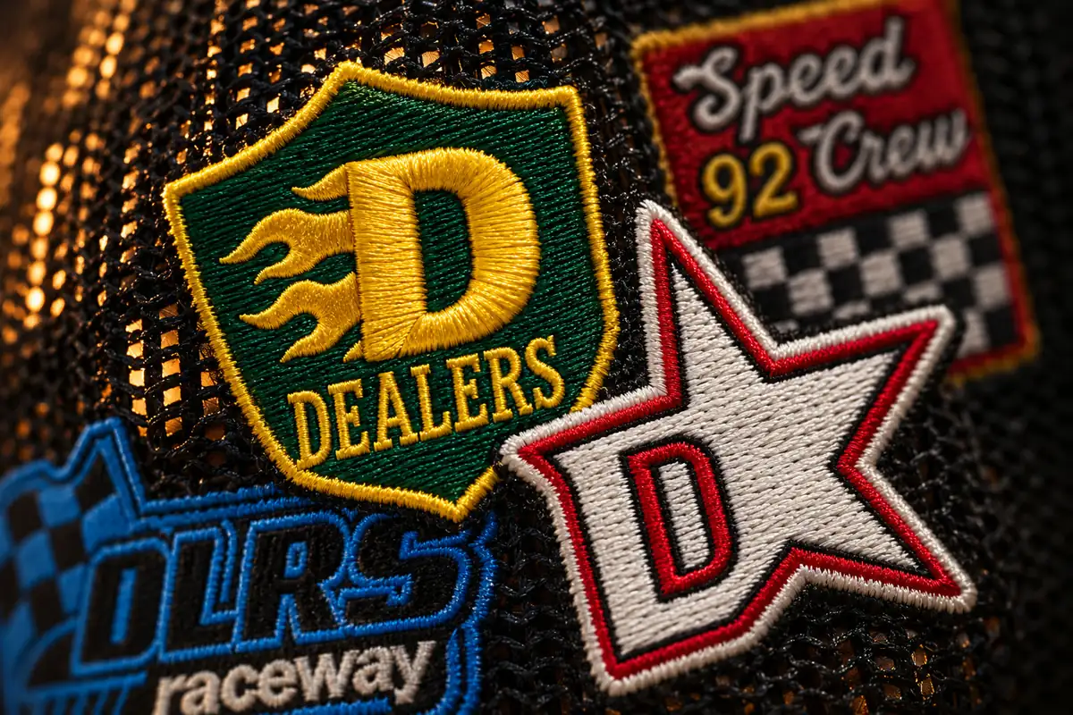 Close-up of embroidered Dealers, Speed Crew and racing patches on a RACING SERIES hat