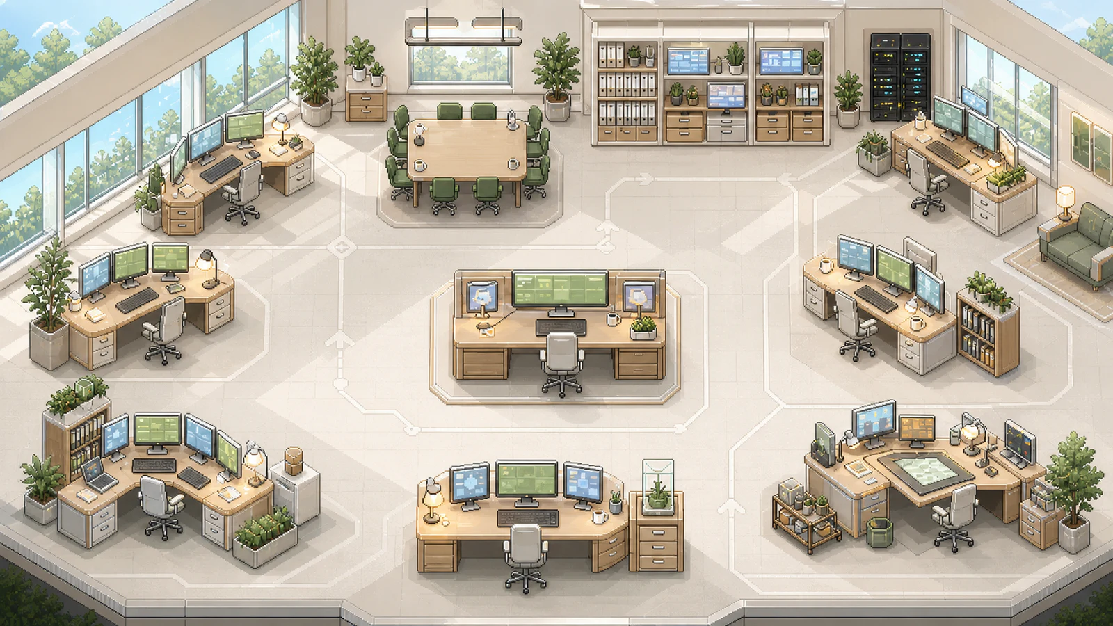 Illustrated modern Frac7 operating room with individual specialist workstations